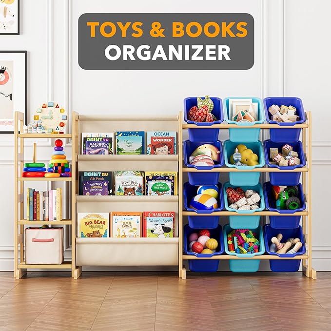 SpaceAid 3-in-1 Toy Storage Organizer with 4 Shelves and 12 Bins, Toy Organizers Storage 3-Tier Bookshelf, Kids Bin Shelf Box