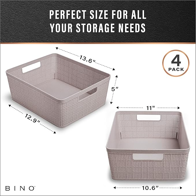 BINO | Woven Plastic Basket | Small (Natural Grey), 4-Pack | THE JUTE COLLECTION | Home Organization, Space - Saving Storage,