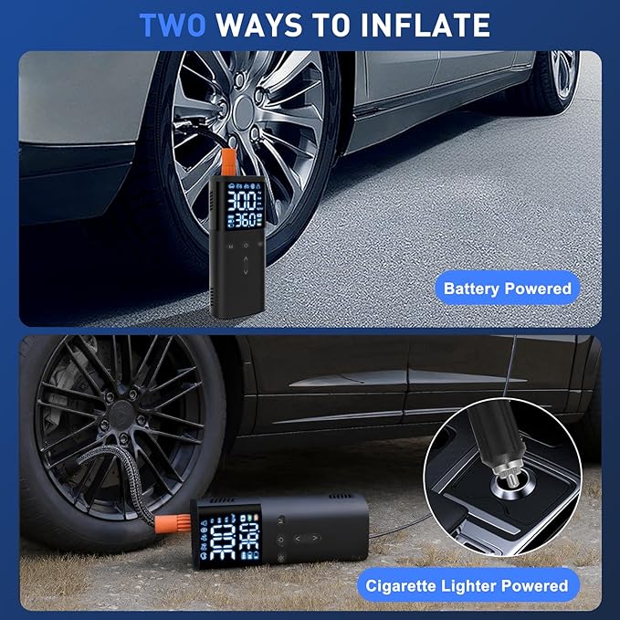 Tire Inflator Portable Air Compressor, 10000mAh Cordless Air Pump for Car Tires, Bike, Motorcycle, 150PSI Electric Air Pump with Digital Gauge, Auto-Stop, LED Light for Emergency & Travel