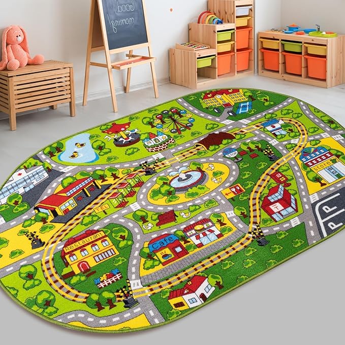 Booooom Jackson Kids Car Mat Train Rug Play Mat, 59 x 39 inches