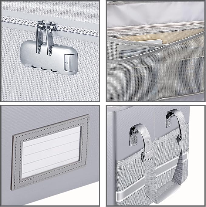 ENGPOW File Box with Lock, Fireproof Document Box with Zipper＆Pockets, Collapsible File Organizer Filing Storage Cabinet with