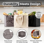 VeraMia Canvas Grocery Bag 3pc XL Set with Real Pockets, Long Shoulder Strap and Short Handle. Heavy Duty, Foldable, Washable