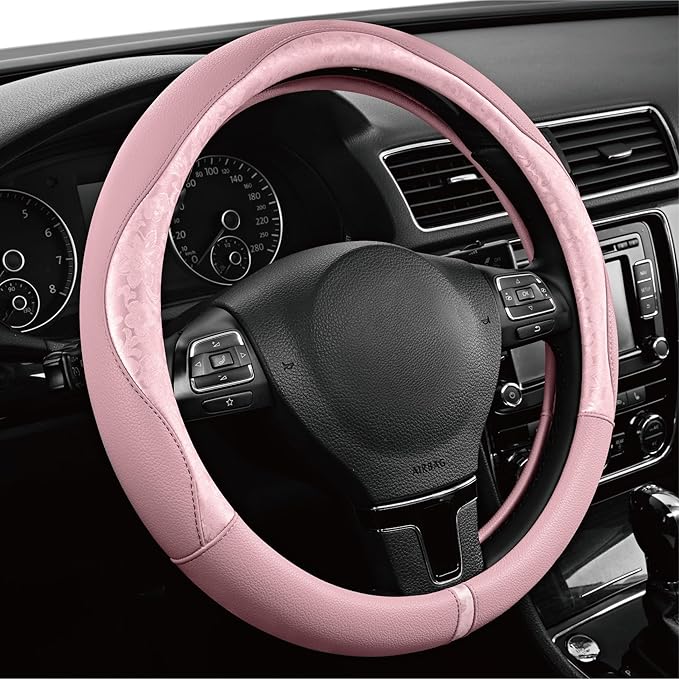 PIC AUTO Steering Wheel Cover, Pink Patterned Leather Patchwork Design, Universal Fit 14.5"–15.5", Anti-Slip, Odor-Free, Soft