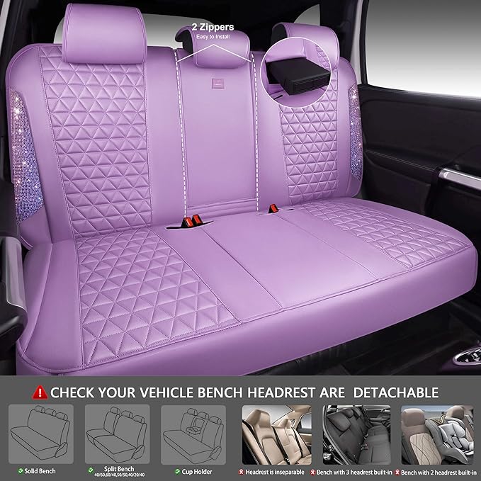 CAR PASS Light Purple Bling Diamond Leather Car Seat Covers Full Sets, Waterproof Shining Glitter Sparkly Crystal Universal A