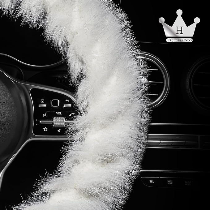 Fuzzy Winter Steering Wheel Covers for Women, Warm Cute Fluffy Car Wheel Cover for F150, Trucks, Jeep, Van, Soft Furry Auto Plush Large Car Handle Cover for Cold Weather, 15.2-16in, White