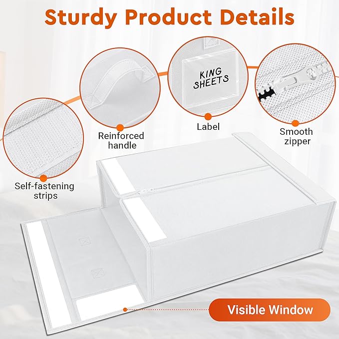StorageTastic 2 Pack Bed Sheet Closet Organizers and Storage,Sturdy Foldable Storage Containers with Window and Label,Storage