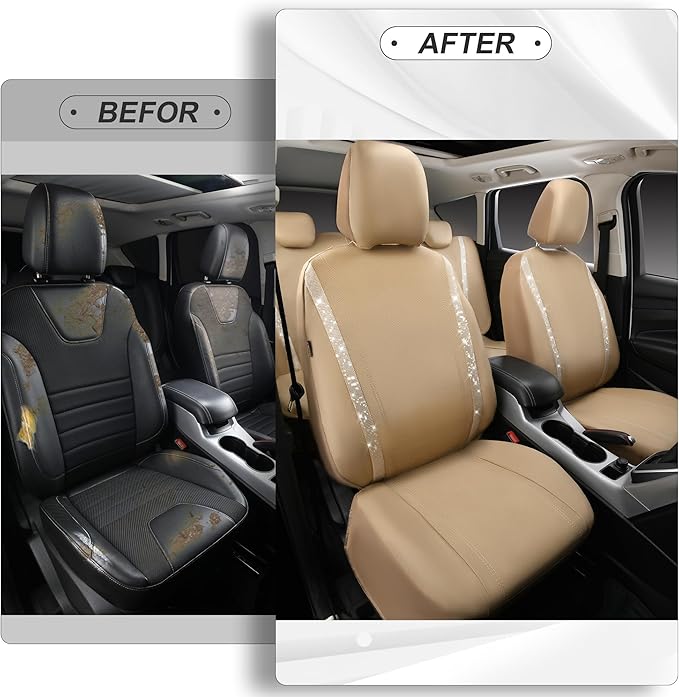 CAR PASS Bling Diamond Car Seat Covers Full Set, Shining Glitter Rhinestone Waterproof Faux Leather Interior Sets Universal Fit Automotive Glitter Crystal Sparkle Strips for Cute Women Girl, Beige