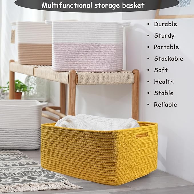 COMFY-HOMI 3 pcs Large Storage Baskets for Shelves, Laundry Basket, Woven Rope Basket, Closet Organizer Bins for Clothes Blan