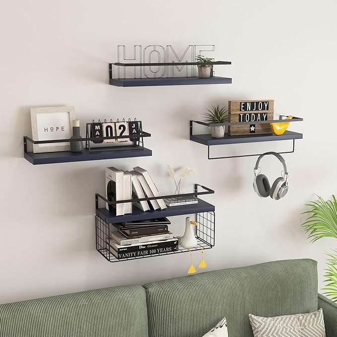 Wood Floating Shelves Wall Mounted - 4+1 Tier Rustic Bathroom Wall Shelves Over Toilet with Wire Storage Basket and Towel Bar