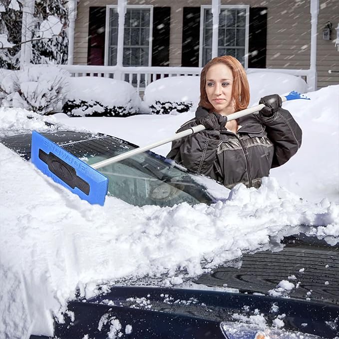 Snow Joe 18" Telescoping Snow Broom & Ice Scraper for Cars, No-Scratch Foam Brush - Long and Extendable Ice Removal Tool for Car Window and Automotive Windshield, SJBLZD