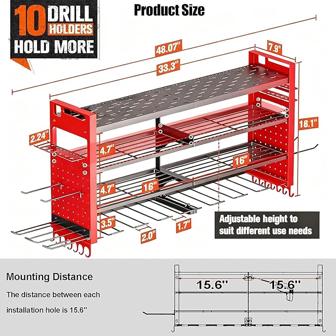 Heavy Duty Power Tool Organizer Wall Mount,Garage Organization with 10 Drill Holder, 4 Layers Tool Organizers and Storage for