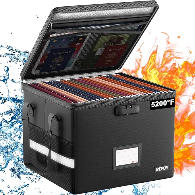 ENGPOW 5200°F Fireproof Document Box with Lock, Heat Insulated Collapsible File Storage Organizer with Handle, Portable Home 