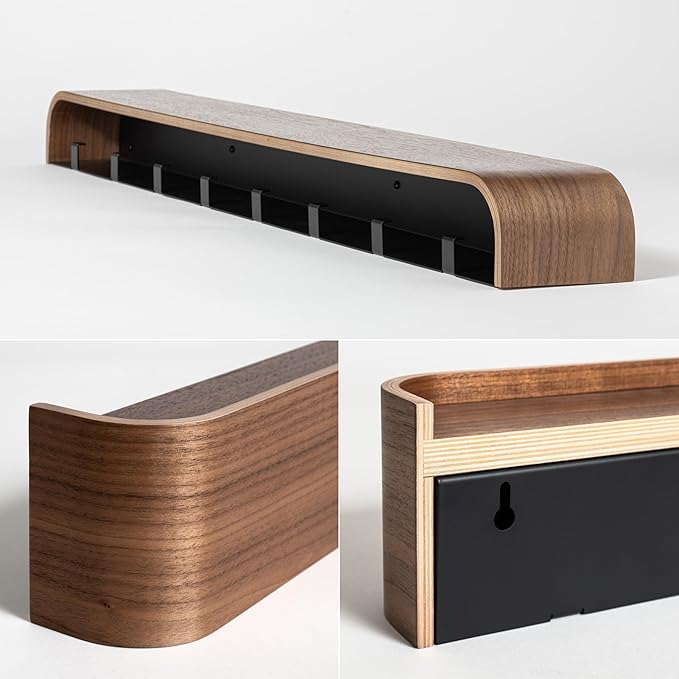 Kazai. Wall-Mounted Coat Rack 'Toke' - Modern Design with Hidden Wall Hooks - Solid Wood Veneer Panel Hanger - Walnut