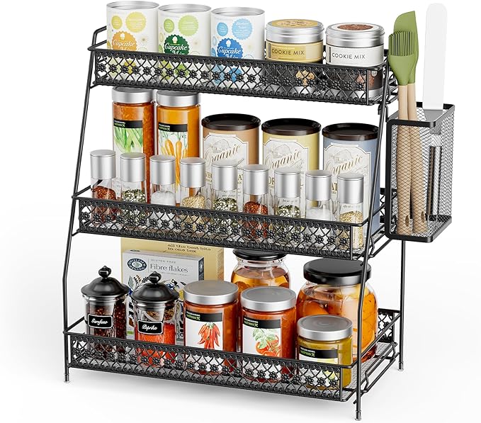 Vintage 3 Tier Spice Rack Organizer for Kitchen Counter, Bathroom Counter Organizer with Bonus Basket, 3 Tier Bathroom Counte