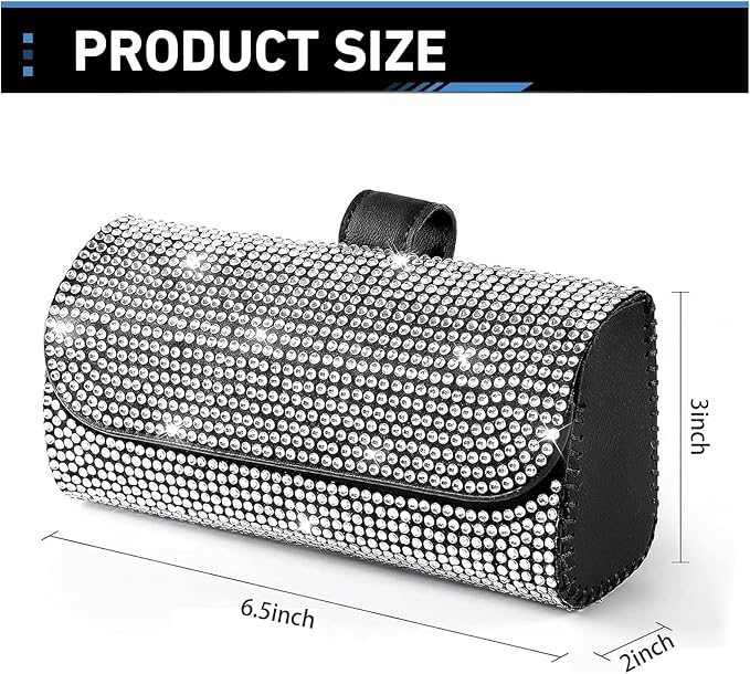 WZP Bling Sunglasses Holder for Car Sun Visor, Rhinestone Leather Eyeglasses Car Visor Clip Storage Glasses Organizer Case, Universal Vehicle Glasses Protective Storage Box for SUV Sedan Van (White)