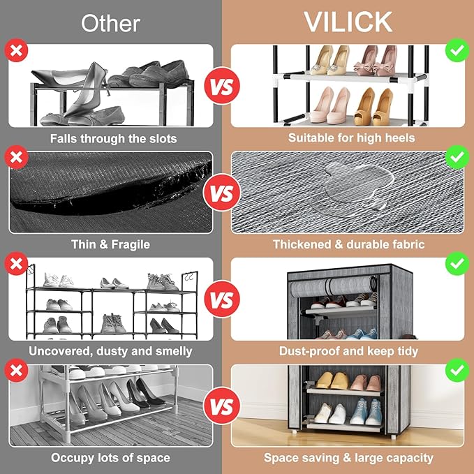 VILICK Shoe Rack with Cover Narrow Shoe Rack Organizer with 4 Side Pockets 10 Tier Tall Shoe Storage Shoe Shelf Holds 18-22 P