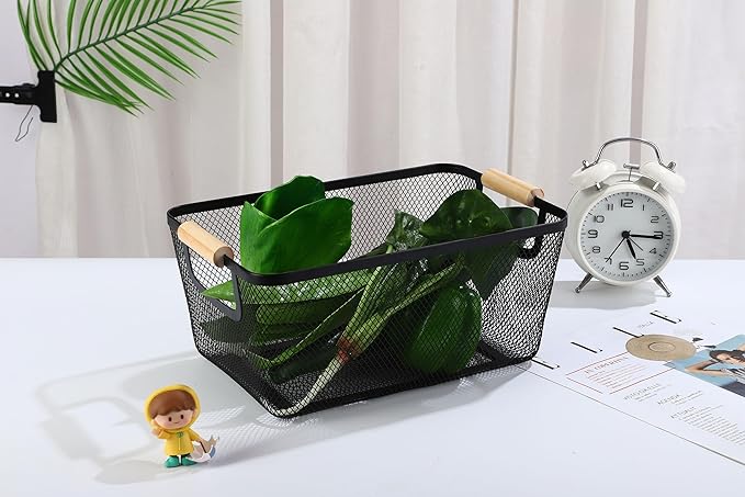 AJIODA Metal Mesh Steel Basket, Medium Wire Storage Organizer Basket Multi-function Hanging Kitchen Basket with Wood Handle f