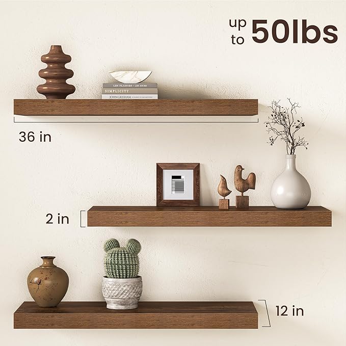 36Inch Floating Shelves for Wall, 12 Inch Deep Shelves for Bedroom, Kitchen, Bathroom Wall Mounted, Rustic Wood Floating Shel