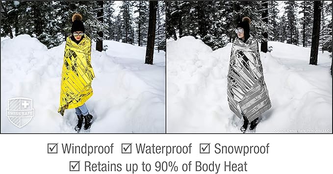 Swiss Safe Emergency Mylar Thermal Blankets + Bonus Space Blanket - Compact & Insulated for Cold Weather - Designed for NASA,