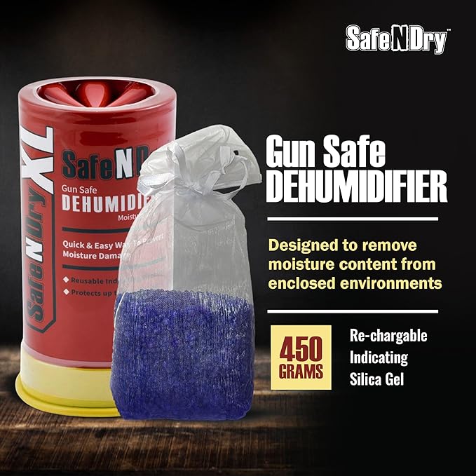 XL Gun Safe Dehumidifier - Portable Moisture Absorber, Prevents Corrosion, 450g Reusable Indicating Silica Gel Desiccant Cani