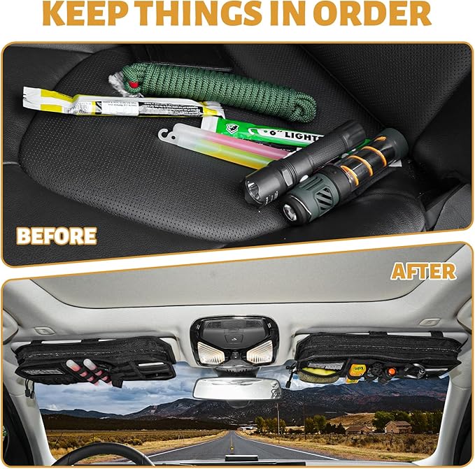 MAIKER 2 Packs Car Sun Visor Organizer, Car Organizer with Zipper Visor Organizer Storage Pouch, Glasses Clip, Card Holder, Molle Panel for Tactical Gears, for Most Vehicles, SUVs & Trucks