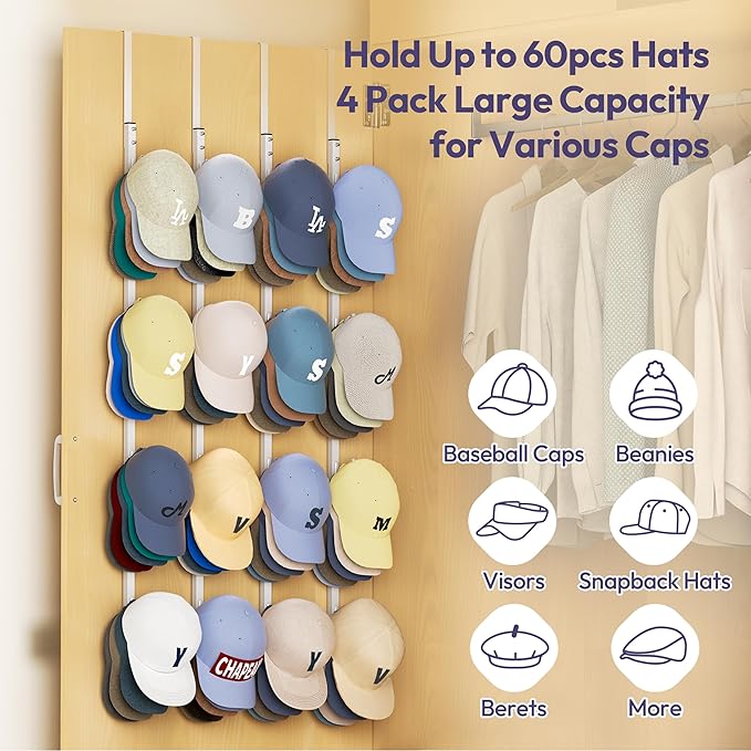 SWTYMIKI Over Door Hat Organizer - 4 Packs Metal Hanging Hat Rack with 16 Hooks Design, Baseball Cap Hanger Organizer Storage