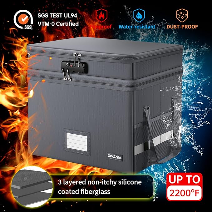 DocSafe File Box with Lock,Multi-Layer Fireproof Document Box Collapsible File Storage Organizer with Pockets/Handle,Large Po