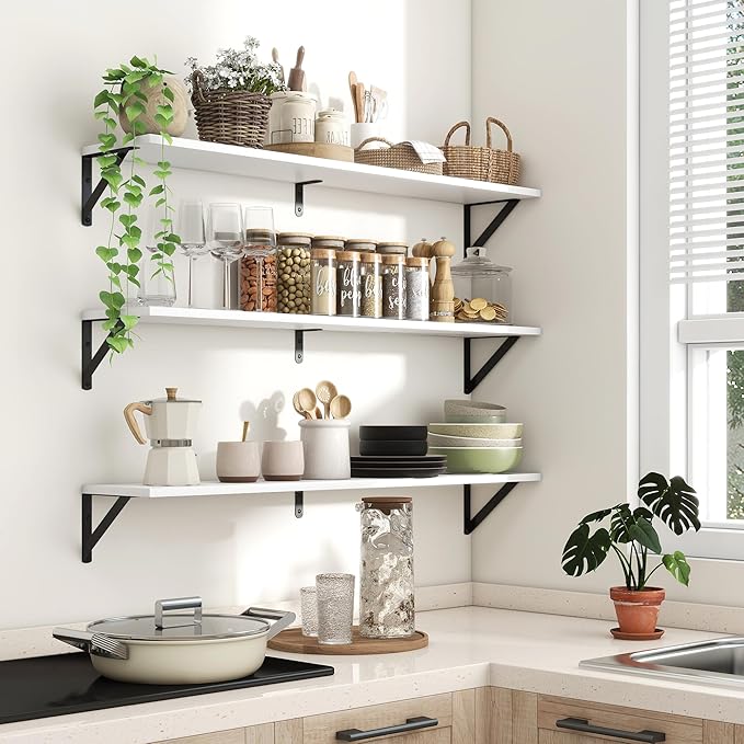 Axeman 40 Inch Floating Shelves | 8 Inch Deep White Wall Shelves Set of 2 | 39.4" W x 8" D Rustic White Wood Shelves for Bath