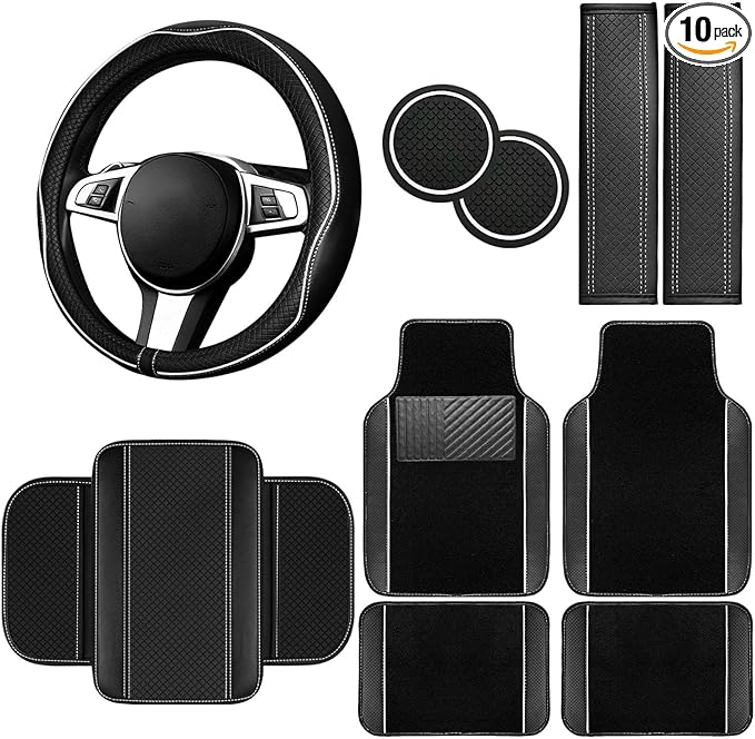 NBTEPEM 10 Pcs Car Floor Mats Full Set Car Accessories, Microfiber Leather Steering Wheel Covers 14.5-15 inch, Center Console Cover, Seat Belt Pads, Cup Coasters, Universal Interior Decor(White)