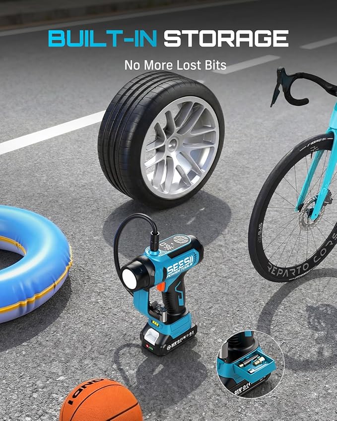 SEESII 3-in-1 Tire Inflator: Portable Air Compressor & Car Vacuum Cordless & Led Work Light with 2×2000mAh Batteries, 21V Tire Air Pump 150PSI w/Digital Gauge+Auto-Shutoff for Ball/Bike/Car/Home