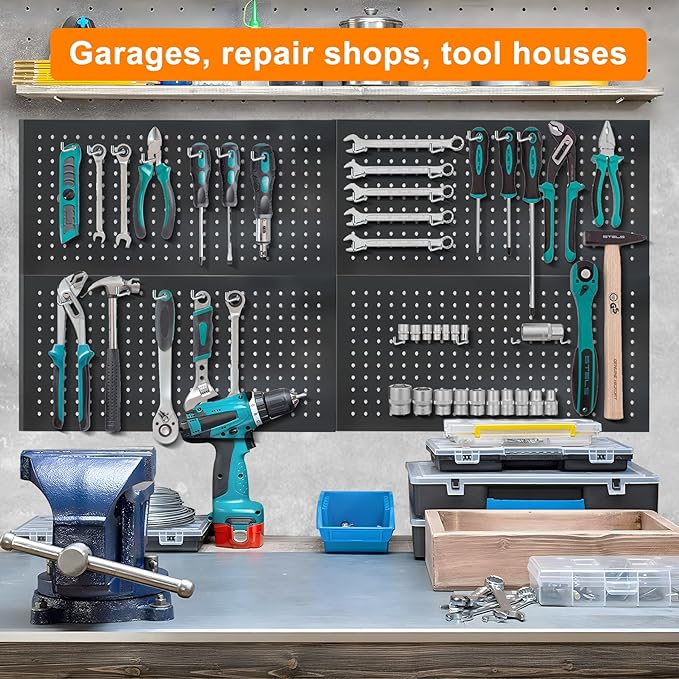 4 Pack Metal Pegboard Panels 24" x 12" Black Heavy Duty Steel Pegboard Wall Organizer, Garage Utility Tools Pegboard Storage 