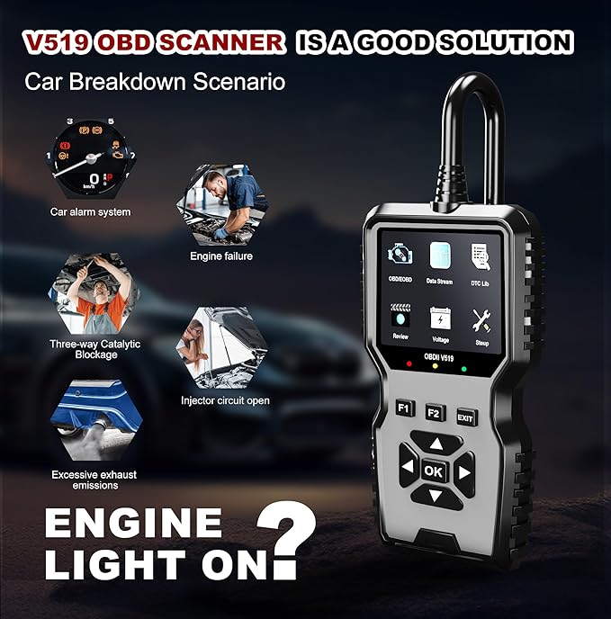 V519 OBD2 Diagnostic Scanner Tool - Vechicle Check Engine Light Code Reader with Battery Voltage Tester, I/M Readiness, Reset,