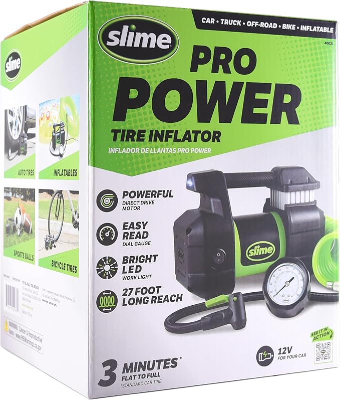 Slime 40031 Tire Inflator, Portable Car, SUV, 4x4 Air Compressor, Pro Power, Heavy Duty, with Analog 150 psi Dial Gauge, Long Hose and LED Light, 12V, 3 min inflation