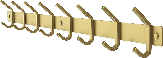 Brushed Gold Wall Mounted Coat Rack – 24 Inch Stainless Steel Rail with 8 Double Coat Hooks for Entryway, Bathroom, Bedroom, 