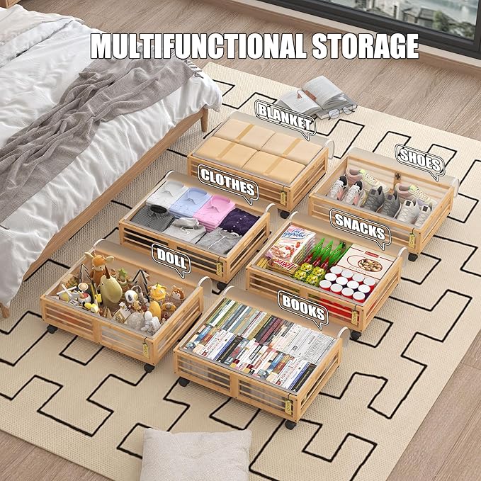 Under Bed Storage Containers with Wheels, Larger Bamboo Wood Under Furniture Storage Containers with Dust Bags，Rolling for Sh