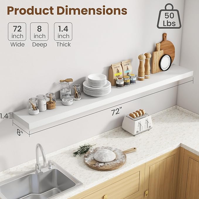 72 Inch Floating Shelves for Wall, 8 Inch Deep Floating Shelf for Storage & Display, Rustic Wall Mounted Shelf with Invisible