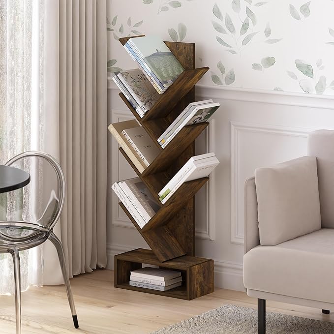 Furinno Tree Book Shelf, 7-Tier Bookshelf, Tree Bookcase with Bottom Shelf, 8.4 x 16.9 x 46.2, for Living Room, Bedroom, Home