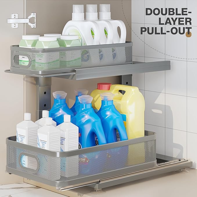 2 Pack 15.5IN-Depth Under Sink Organizer With Next-Gen Ball-Bearing Slides,2-Tier Precision Mesh Pull Out Cabinet Storage for
