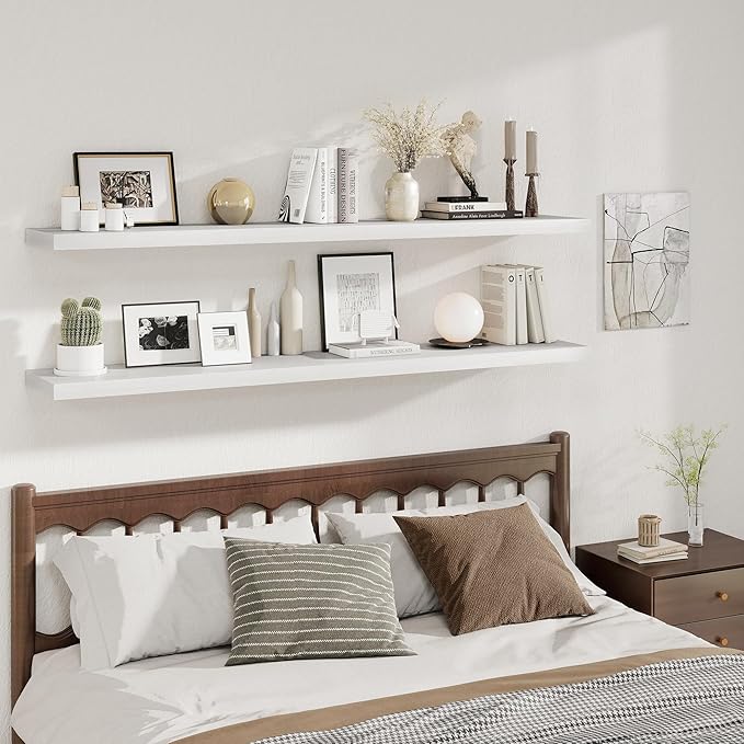 Fun Memories White Deep Floating Shelves, 72 x 12 Inch Long Wall Shelves, Large Display Shelf & Storage Shelf, Wood Floating 