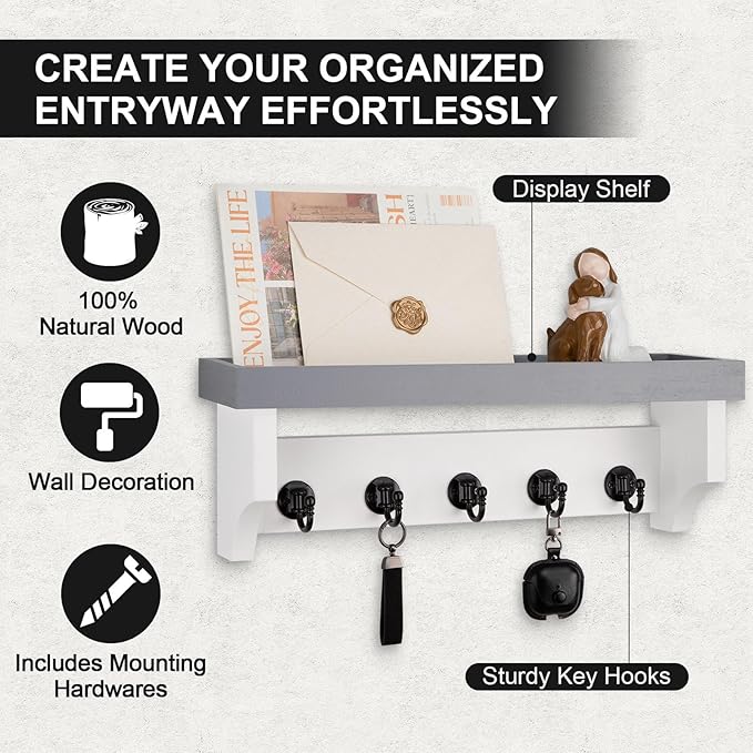 Key and Mail Holder Wall Mount, Key Holder with Shelf and Mail Organizer Wall Mount. Mail Holder with 5 Hooks for Coat, Dog L
