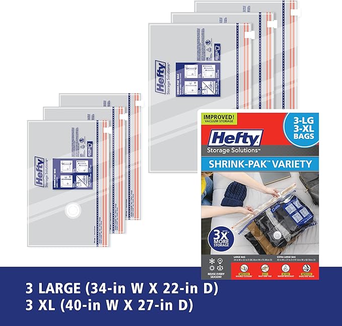 Hefty Shrink-Pak Vacuum Storage Bags - Space Saver for Under Bed Storage, Clothing and Comforters, Odor Resistant, 3X More St