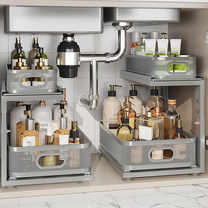 2 Pack 15.5IN-Depth Under Sink Organizer With Next-Gen Ball-Bearing Slides,2-Tier Precision Mesh Pull Out Cabinet Storage for