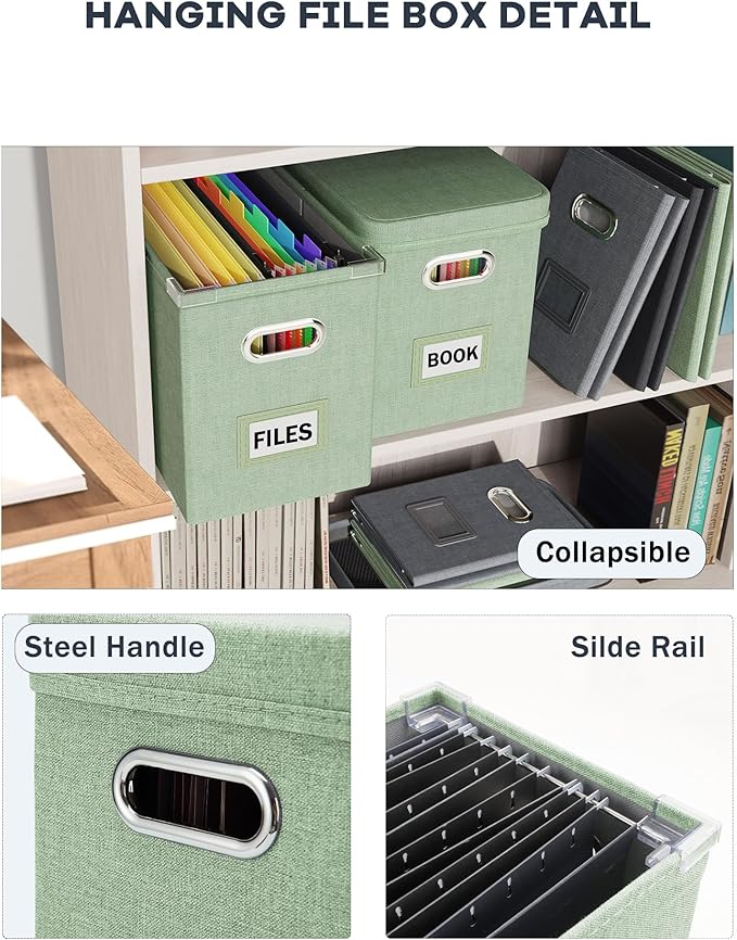 Oterri File Organizer Box with Lid, Hanging Filing File Box with Mesh Pocket, Document Organizer Box for Letter Files, Portab