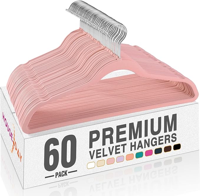 HOUSE DAY Lt Pink Velvet Hangers 60 Pack, Non Slip Clothes Felt Hanger Heavy Duty for Coat, Premium Slim Space Saving Suit Ha