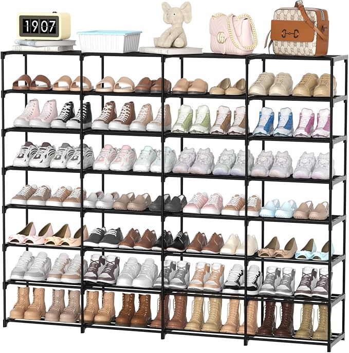 Large Shoe Rack Organizer, 4-Row 8-Tier Tall Shoe Storage Shelf for Closet, Entryway, Garage, Metal Free Standing Shoe Holder