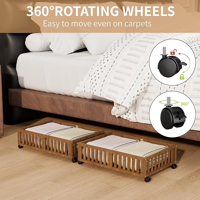 Bamboo Under Bed Storage with Wheels,Rolling Underbed Shoe Organizer Box for Shoes,Blankets,Toys,Clothes Container Space-Savi