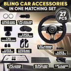 Black Bling Car Accessories Set - 27 Pieces Car Interior Kit with Rhinestone Steering Wheel Cover, Diamond License Plate Frame, Phone Holder, Coaster & Hook, Great Gift for Drivers