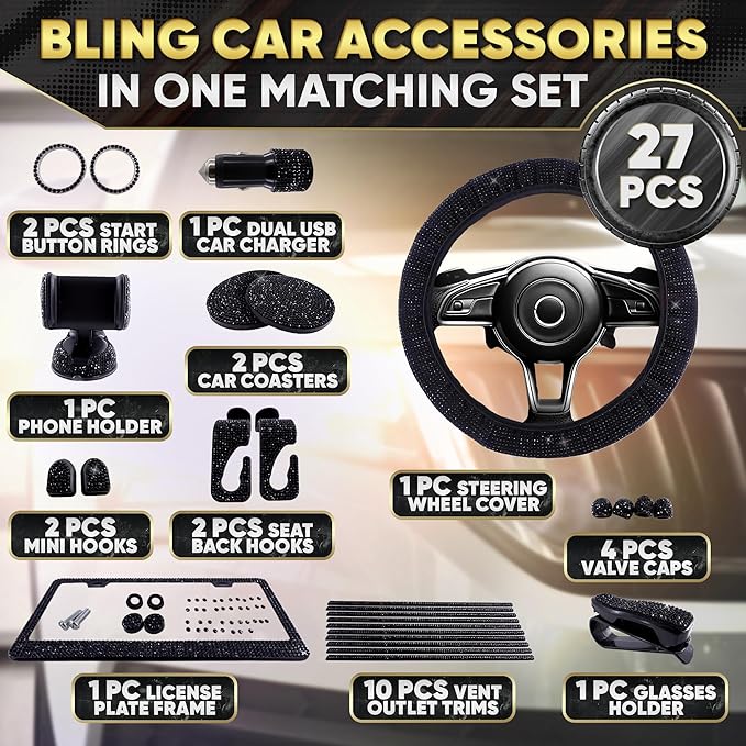Black Bling Car Accessories Set - 27 Pieces Car Interior Kit with Rhinestone Steering Wheel Cover, Diamond License Plate Frame, Phone Holder, Coaster & Hook, Great Gift for Drivers
