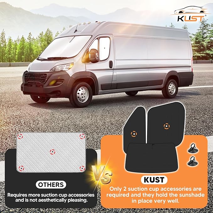 KUST 5-Pack Window Sun Shade for 2014-2025 Dodge RAM ProMaster 1500 2500 3500, Interior Accessories Cargo Van Sunshade Full Coverage Window Shades Silver & Black Shade, Sun Shield Blocks UV Rays Heat
