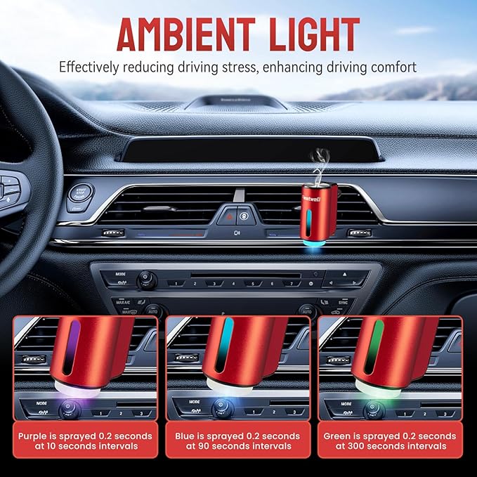 Featwell Car Air Freshener, Three Adjustable Modes Intelligent Aroma Diffuser, Rechargeable Car Diffuser Air Freshener, Red